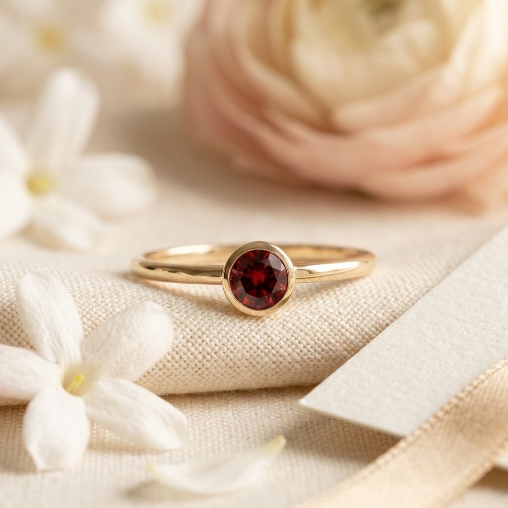 14k Rose Gold Bezel Garnet Ring, Round Cut Solitaire Engagement Wedding Band