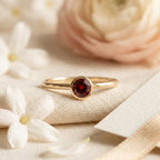 14k Rose Gold Bezel Garnet Ring, Round Cut Solitaire Engagement Wedding Band