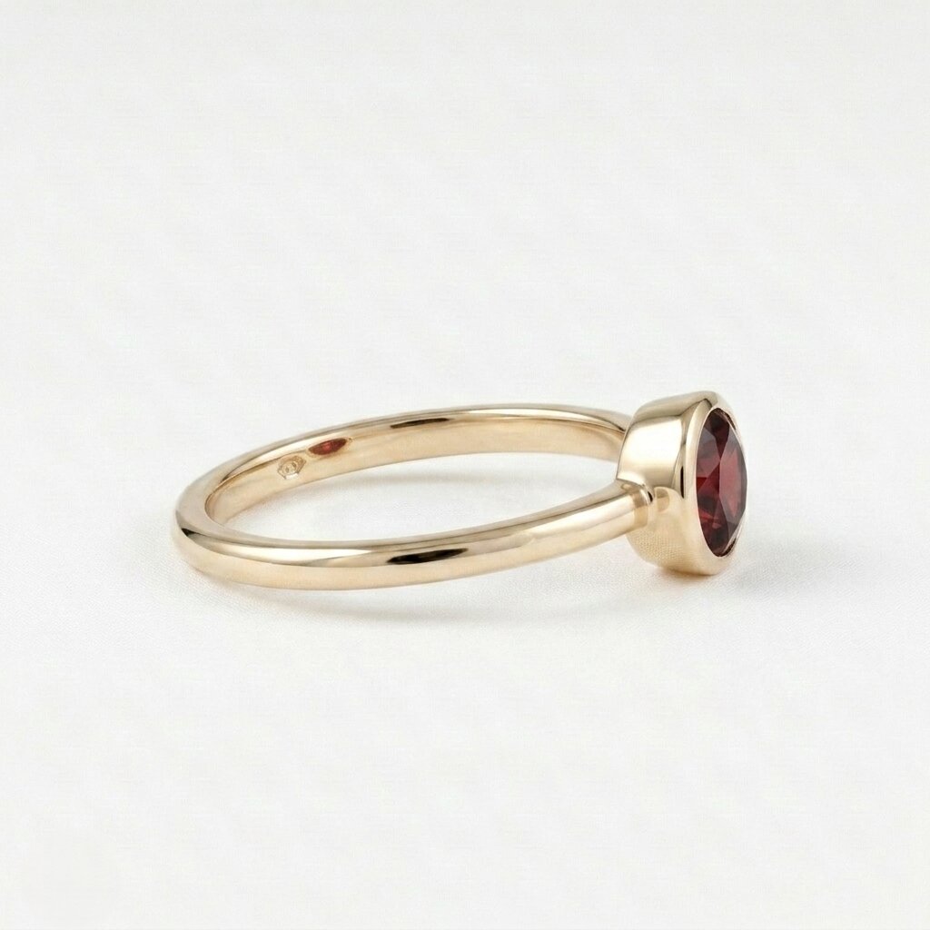 14k Rose Gold Bezel Garnet Ring, Round Cut Solitaire Engagement Wedding Band