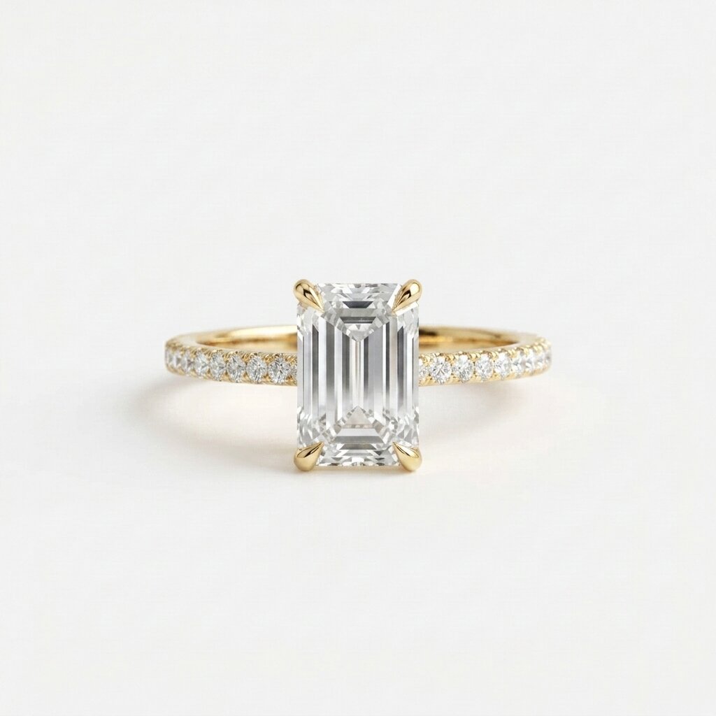 Emerald Cut Moissanite Hidden Halo Engagement Ring, 2.5CT Lab Grown Diamond Band