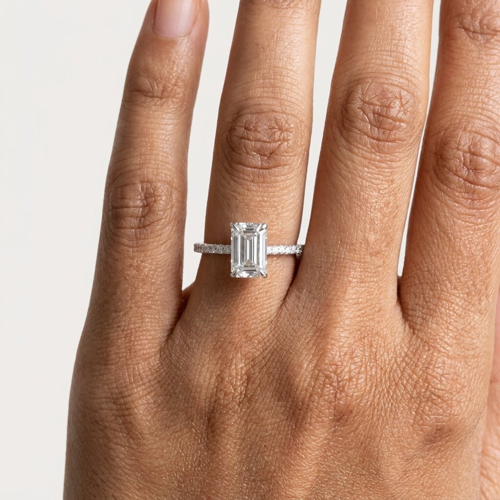 Emerald Cut Moissanite Hidden Halo Engagement Ring, 2.5CT Lab Grown Diamond Band