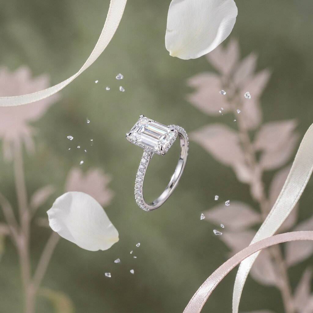 Emerald Cut Moissanite Hidden Halo Engagement Ring, 2.5CT Lab Grown Diamond Band