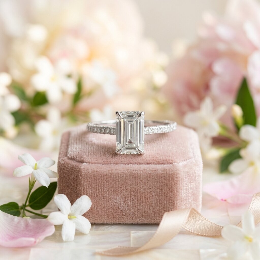 Emerald Cut Moissanite Hidden Halo Engagement Ring, 2.5CT Lab Grown Diamond Band