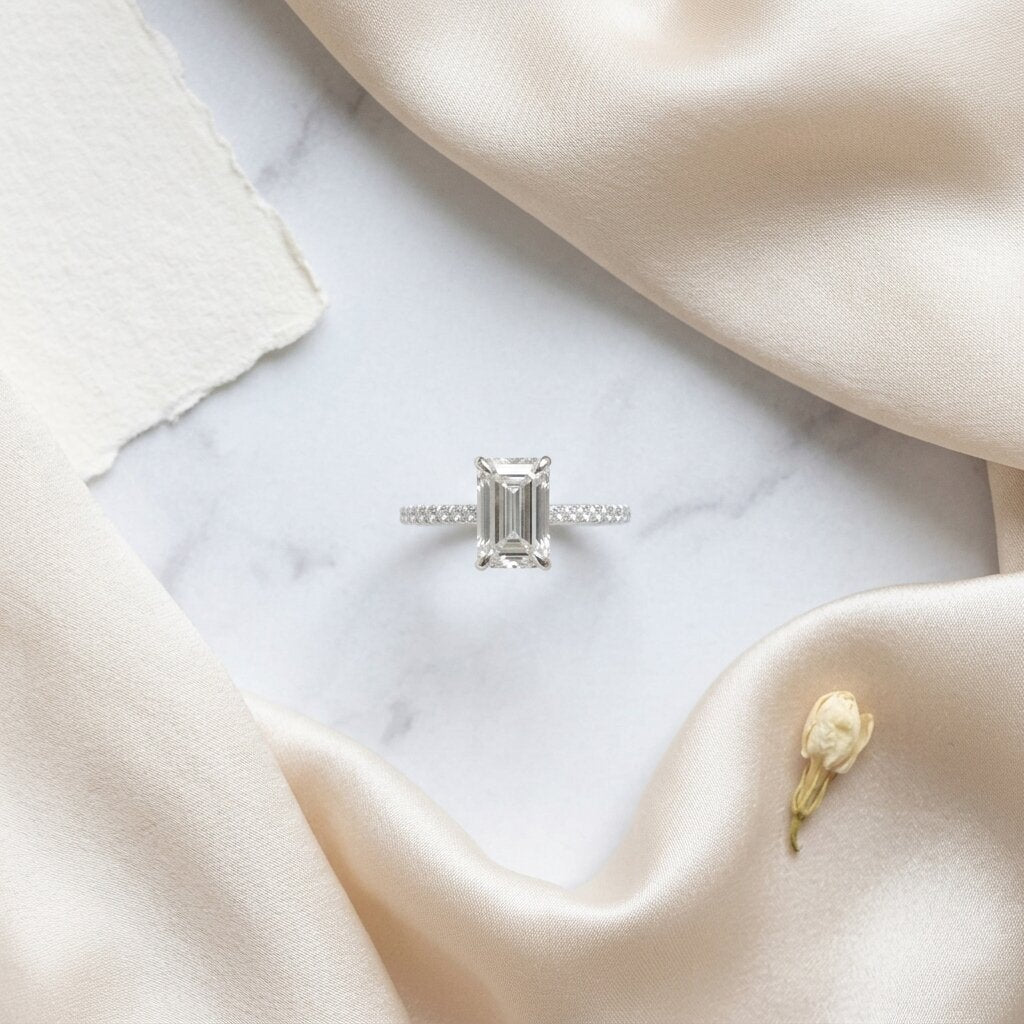 Emerald Cut Moissanite Hidden Halo Engagement Ring, 2.5CT Lab Grown Diamond Band