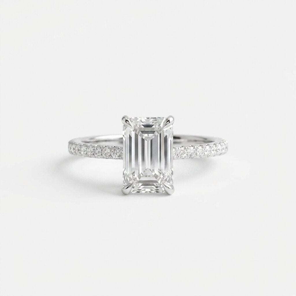 Emerald Cut Moissanite Hidden Halo Engagement Ring, 2.5CT Lab Grown Diamond Band