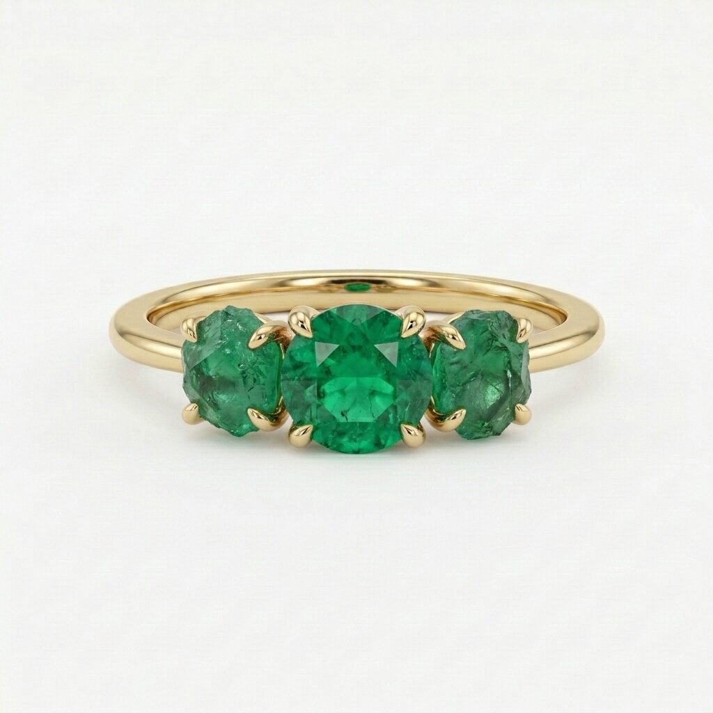 14K Gold Raw Emerald Engagement Ring, Three Stone Lab Grown Gemstone Ring