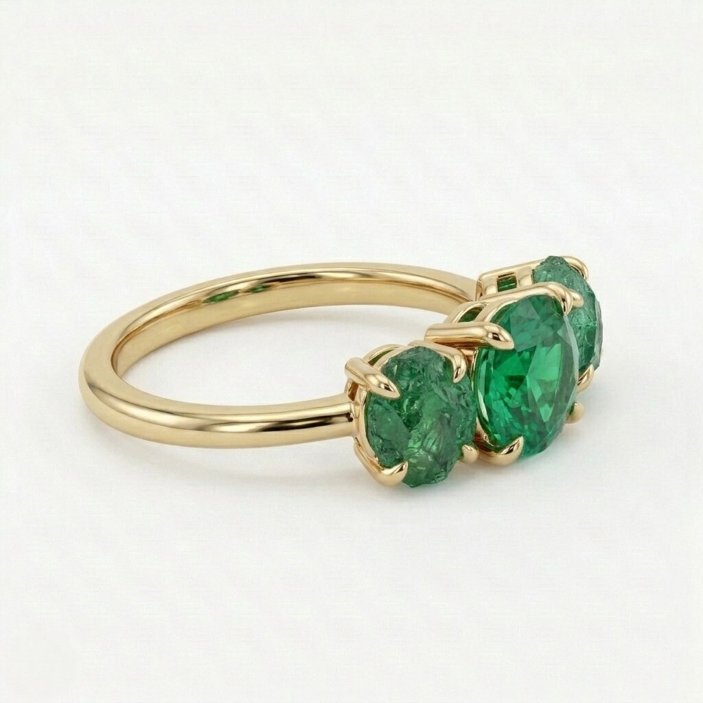14K Gold Raw Emerald Engagement Ring, Three Stone Lab Grown Gemstone Ring