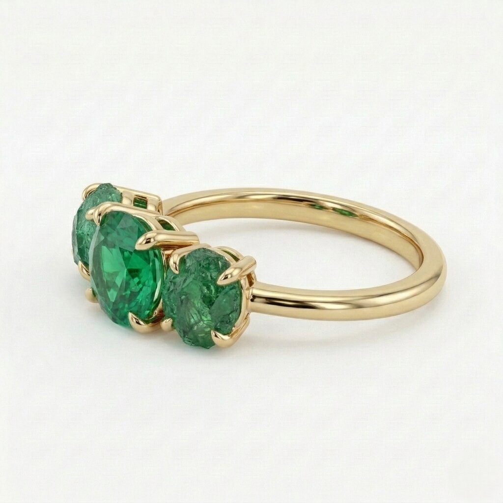 14K Gold Raw Emerald Engagement Ring, Three Stone Lab Grown Gemstone Ring