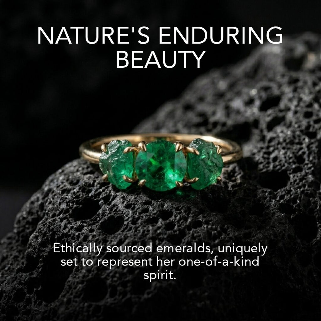 14K Gold Raw Emerald Engagement Ring, Three Stone Lab Grown Gemstone Ring