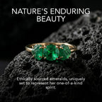 14K Gold Raw Emerald Engagement Ring, Three Stone Lab Grown Gemstone Ring