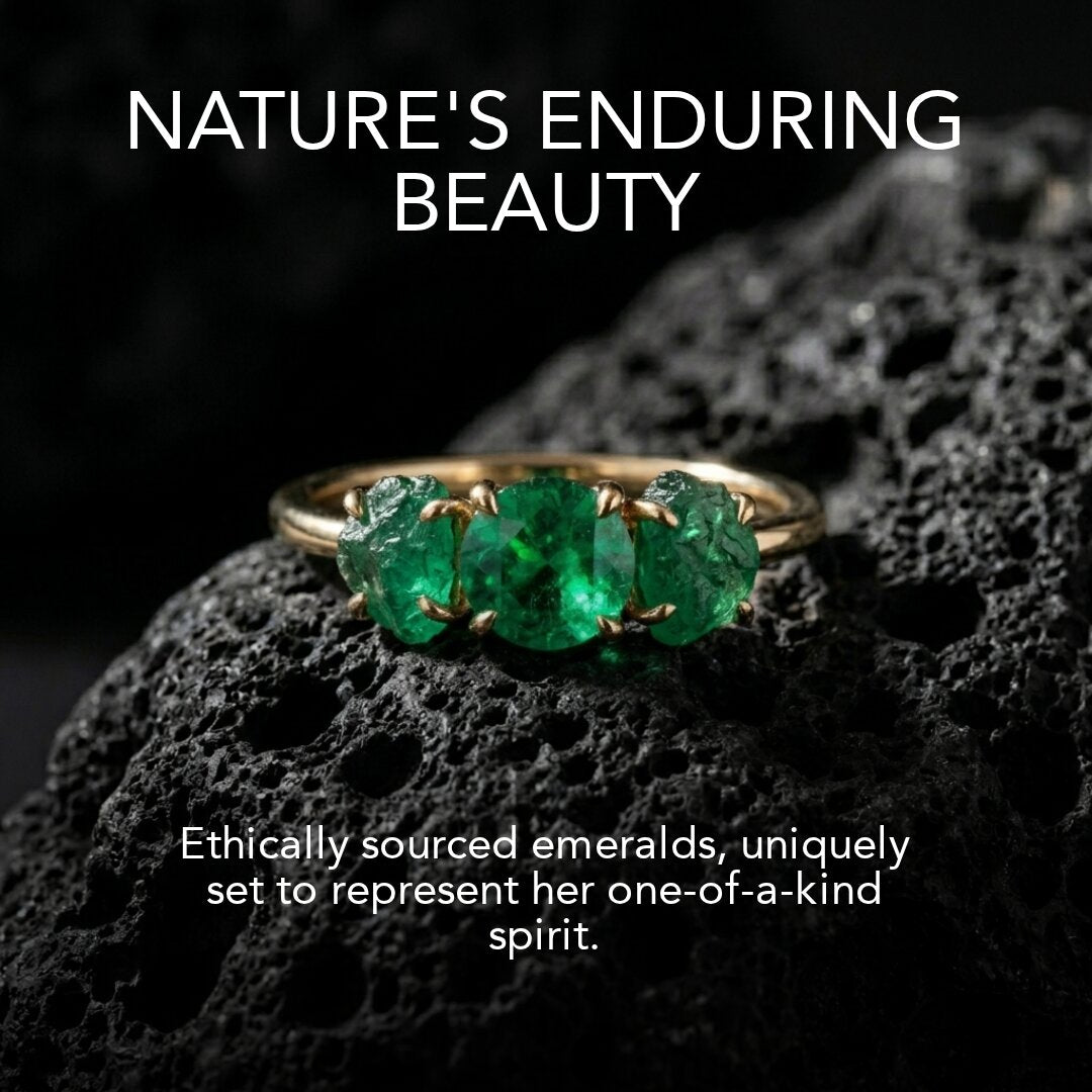 14K Gold Raw Emerald Engagement Ring, Three Stone Lab Grown Gemstone Ring