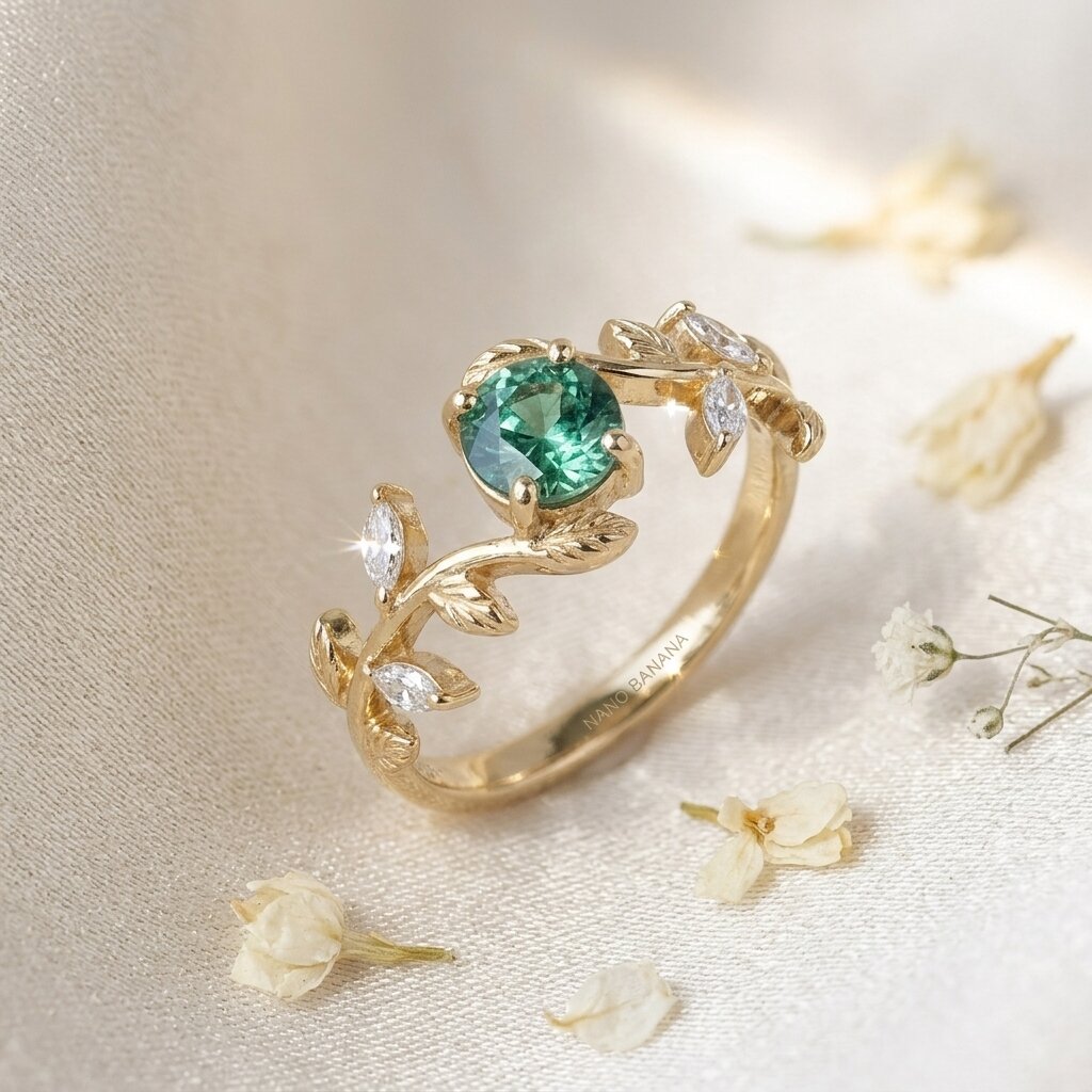 Green Tourmaline Twig Vine Leaf Engagement Ring, Moissanite Wedding Band, Women's Anniversary Gift