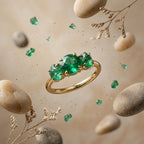 14K Gold Raw Emerald Engagement Ring, Three Stone Lab Grown Gemstone Ring