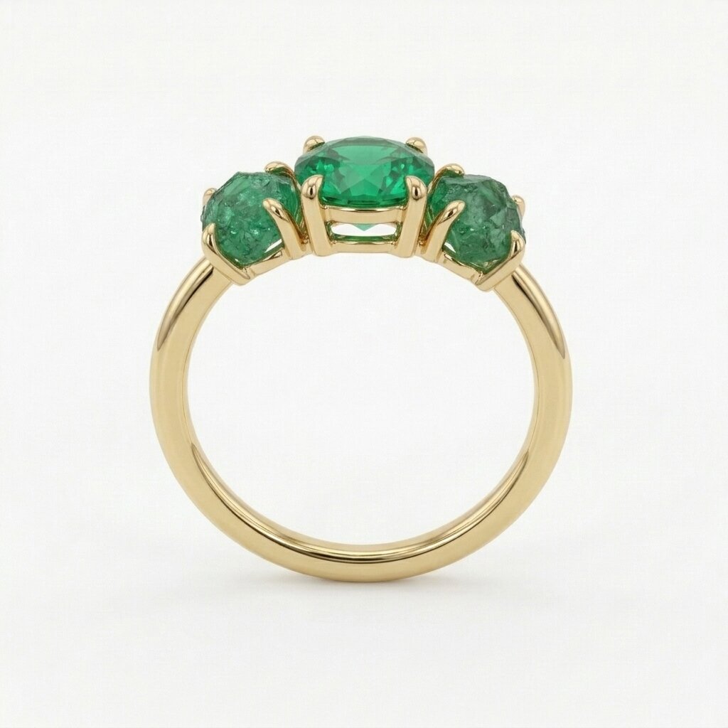14K Gold Raw Emerald Engagement Ring, Three Stone Lab Grown Gemstone Ring