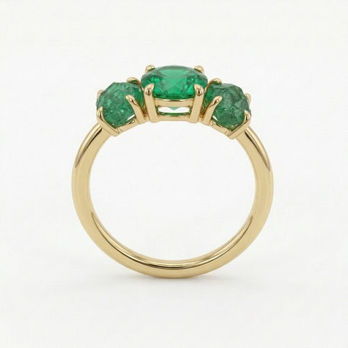 14K Gold Raw Emerald Engagement Ring, Three Stone Lab Grown Gemstone Ring