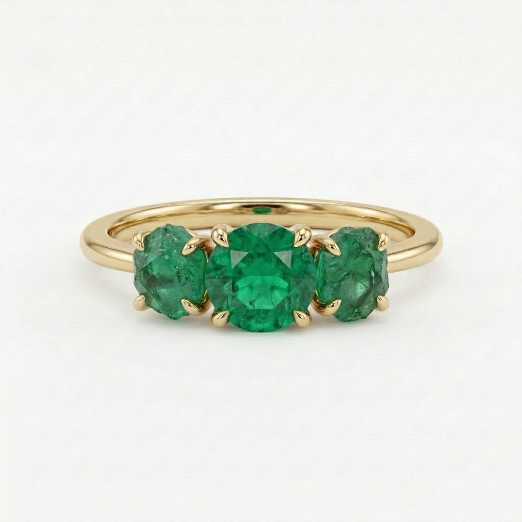 14K Gold Raw Emerald Engagement Ring, Three Stone Lab Grown Gemstone Ring