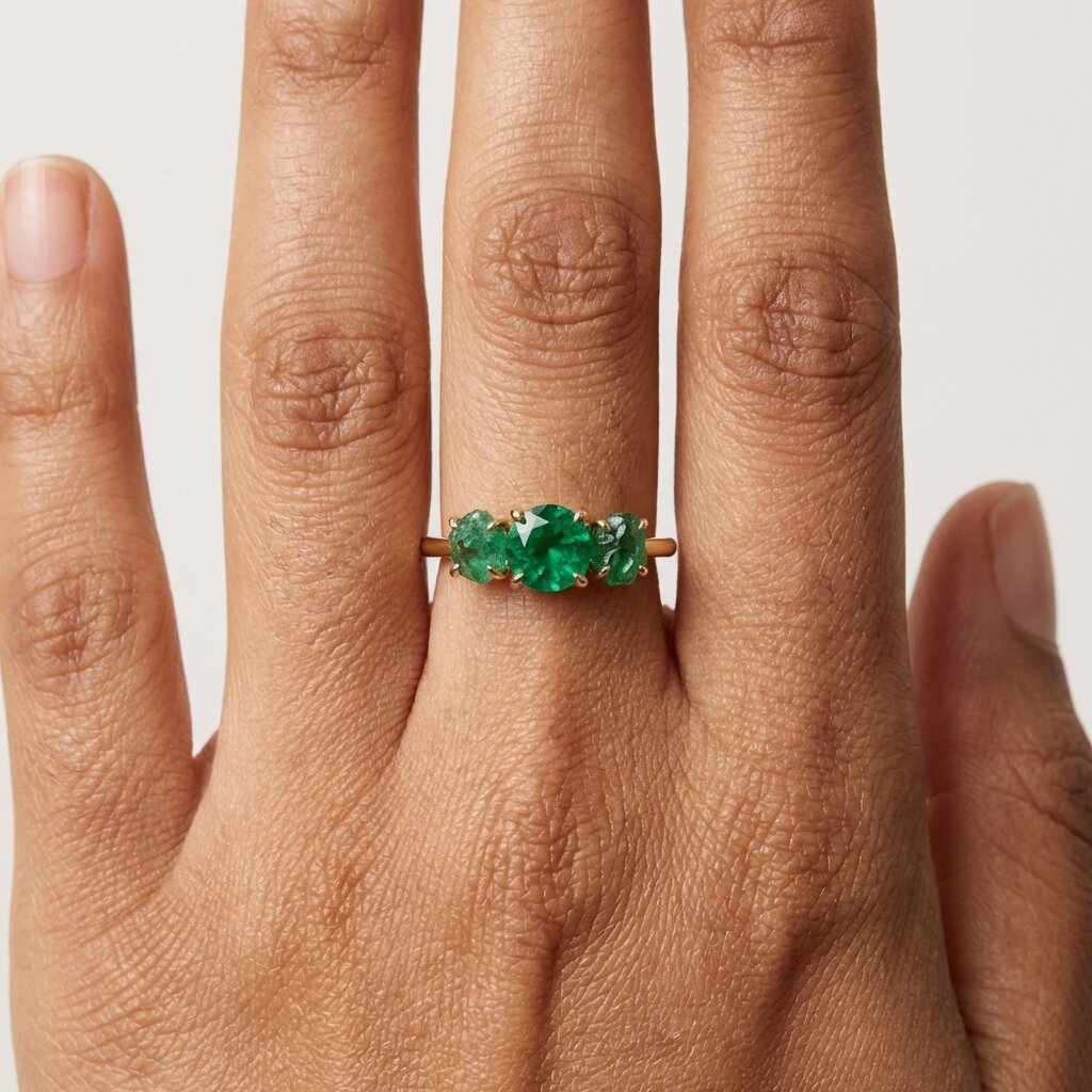 14K Gold Raw Emerald Engagement Ring, Three Stone Lab Grown Gemstone Ring