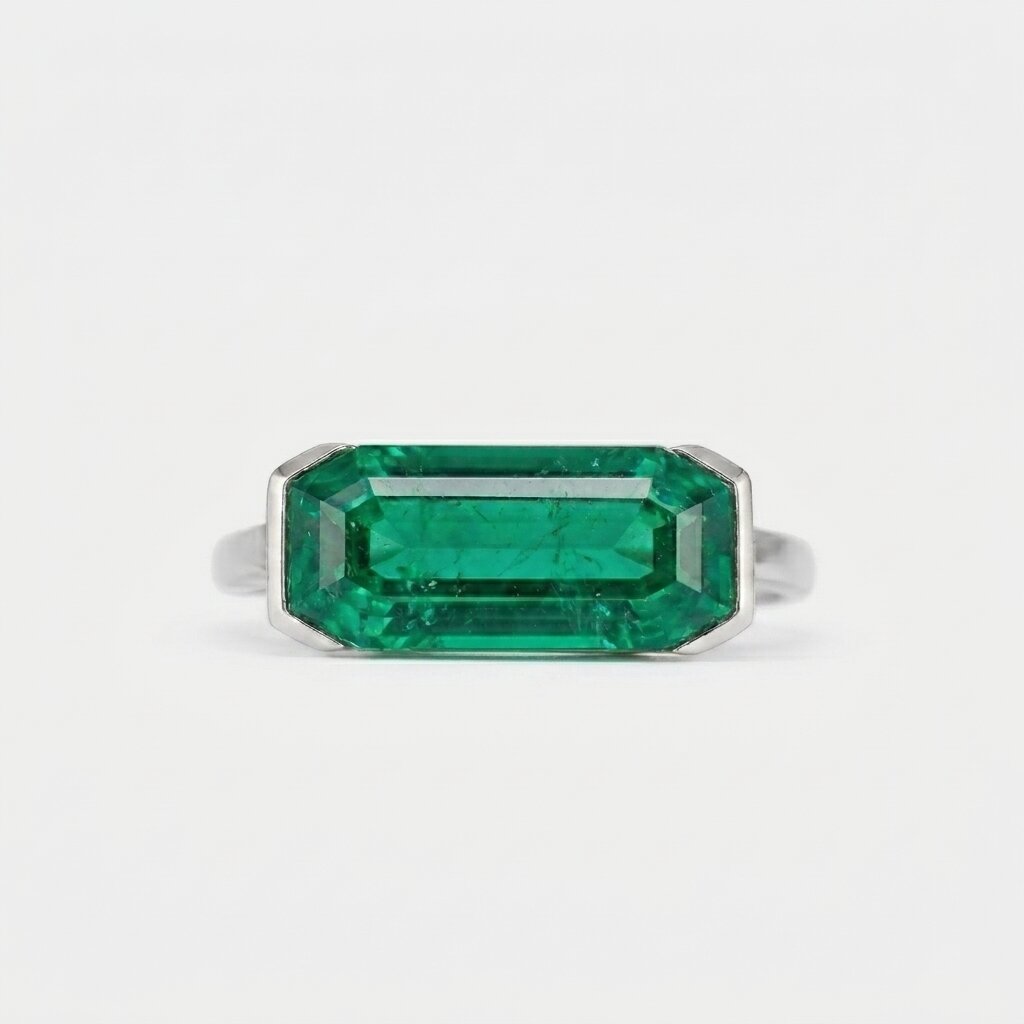 Lab Grown Emerald East West Ring | Horizontal Baguette Cut Gold Signet Style Ring