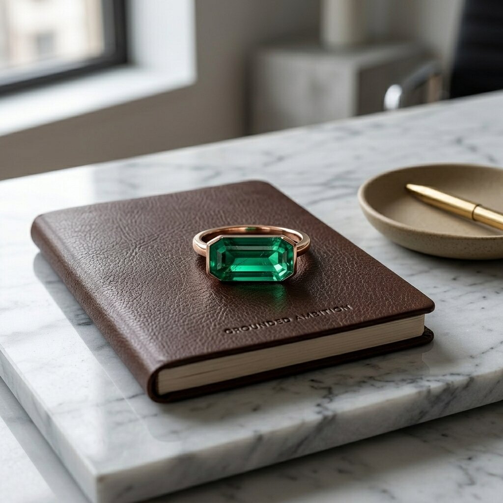 Lab Grown Emerald East West Ring | Horizontal Baguette Cut Gold Signet Style Ring