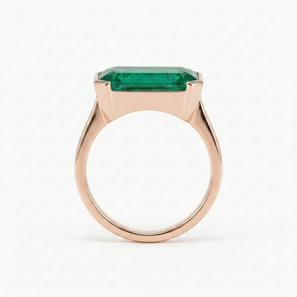 Lab Grown Emerald East West Ring | Horizontal Baguette Cut Gold Signet Style Ring