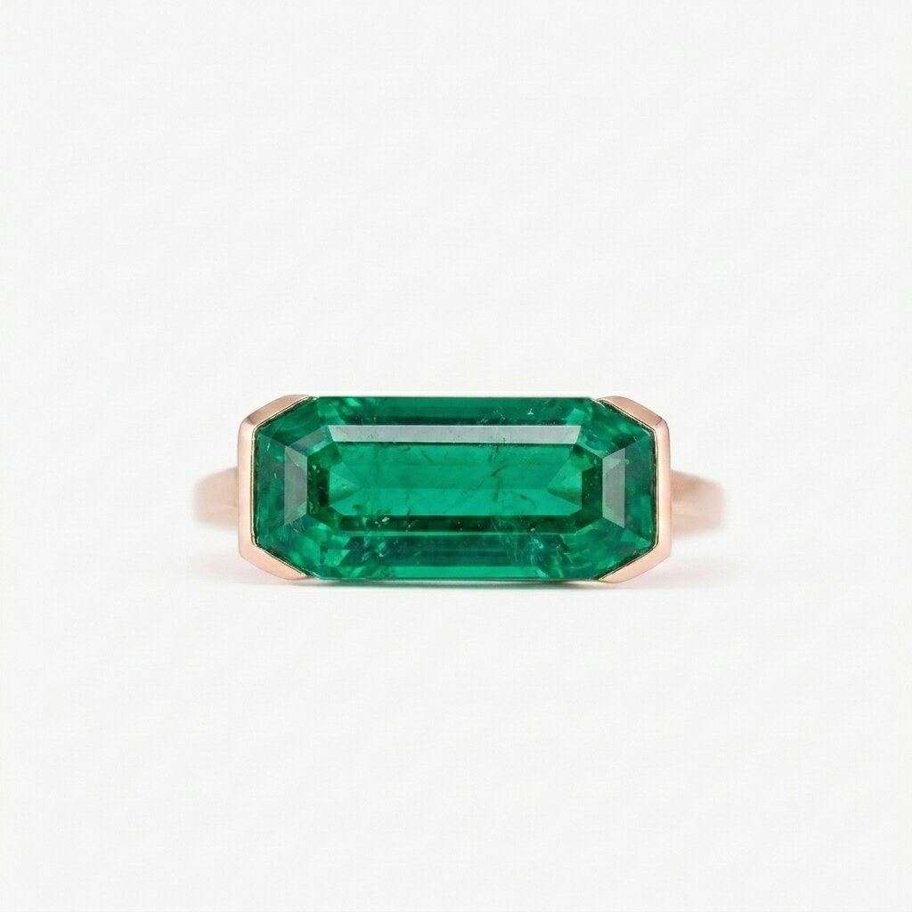 Lab Grown Emerald East West Ring | Horizontal Baguette Cut Gold Signet Style Ring