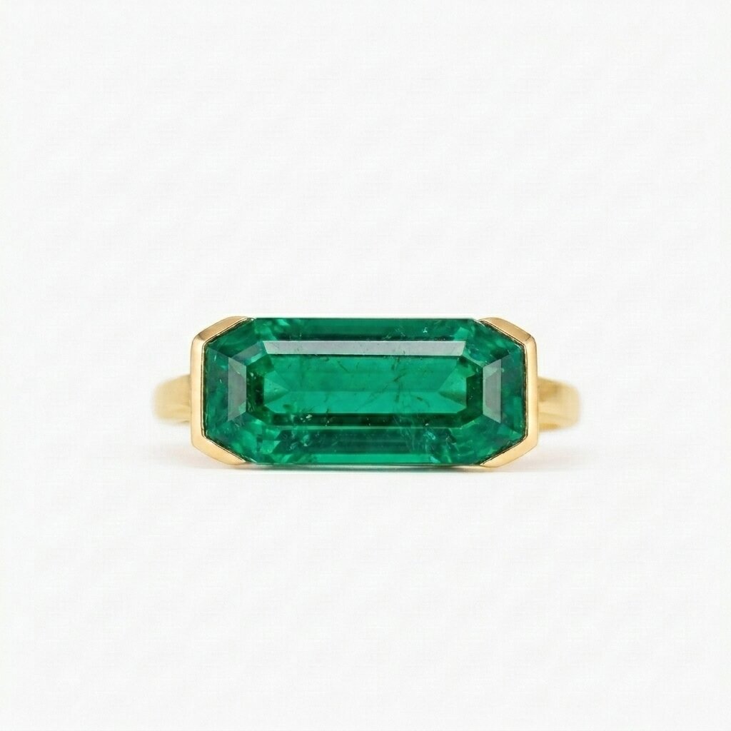 Lab Grown Emerald East West Ring | Horizontal Baguette Cut Gold Signet Style Ring