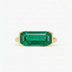 Lab Grown Emerald East West Ring | Horizontal Baguette Cut Gold Signet Style Ring