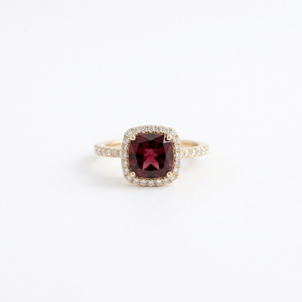 Red Garnet Halo Engagement Ring, Cushion Cut Garnet Ring, 14K Gold Moissanite Halo Ring, January Birthstone Gift The Jewel Temple