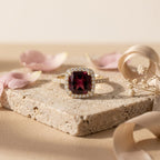 Red Garnet Halo Engagement Ring, Cushion Cut Garnet Ring, 14K Gold Moissanite Halo Ring, January Birthstone Gift The Jewel Temple