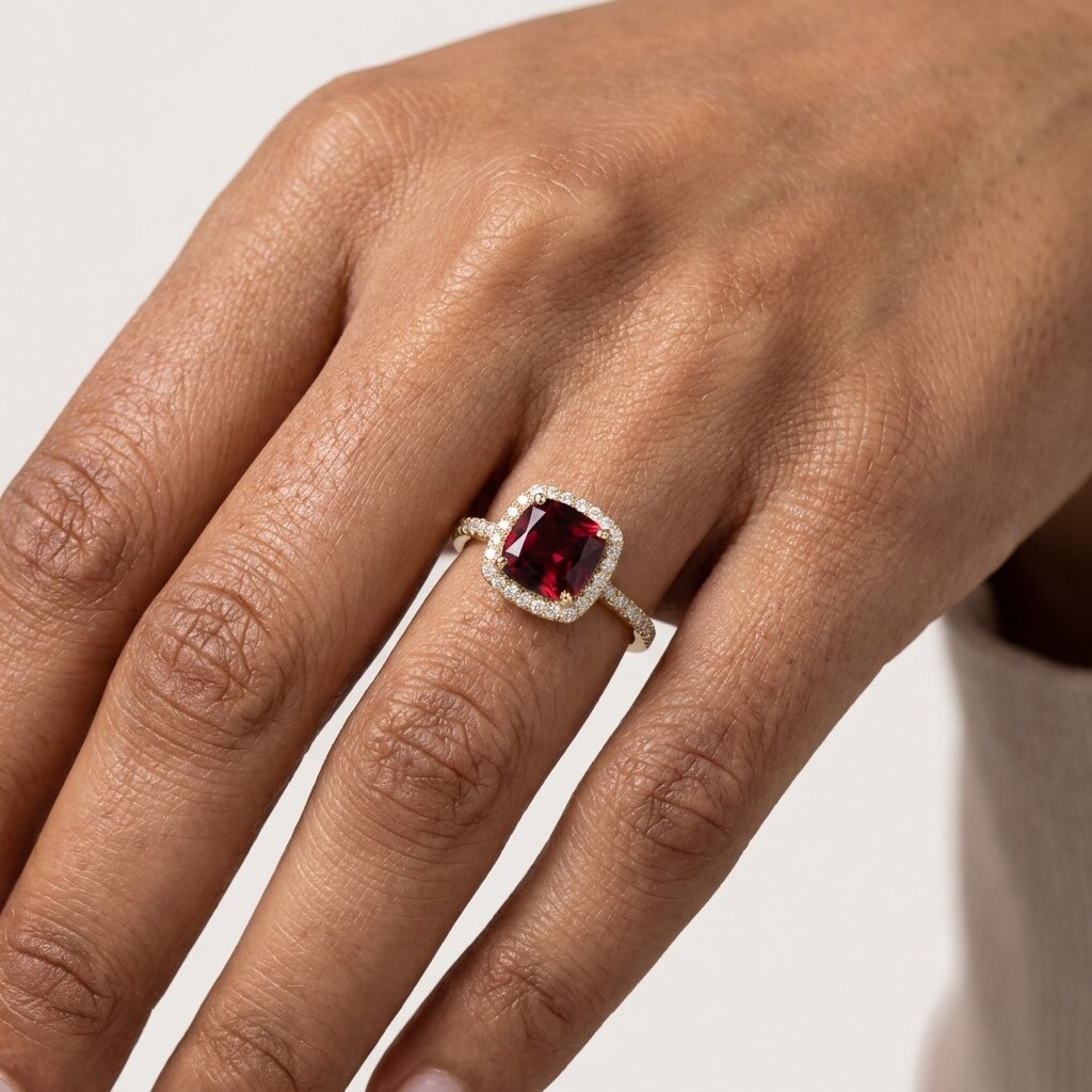 Red Garnet Halo Engagement Ring, Cushion Cut Garnet Ring, 14K Gold Moissanite Halo Ring, January Birthstone Gift The Jewel Temple