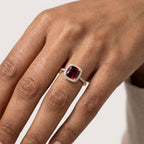 Red Garnet Halo Engagement Ring, Cushion Cut Garnet Ring, 14K Gold Moissanite Halo Ring, January Birthstone Gift The Jewel Temple