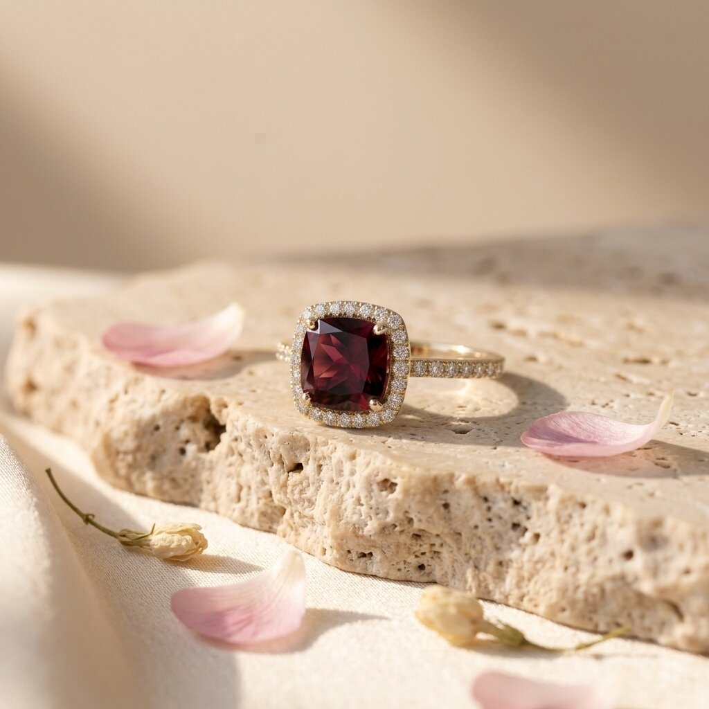 Red Garnet Halo Engagement Ring, Cushion Cut Garnet Ring, 14K Gold Moissanite Halo Ring, January Birthstone Gift The Jewel Temple