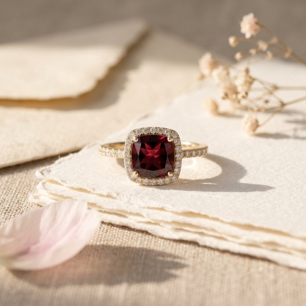 Red Garnet Halo Engagement Ring, Cushion Cut Garnet Ring, 14K Gold Moissanite Halo Ring, January Birthstone Gift The Jewel Temple