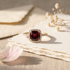 Red Garnet Halo Engagement Ring, Cushion Cut Garnet Ring, 14K Gold Moissanite Halo Ring, January Birthstone Gift The Jewel Temple