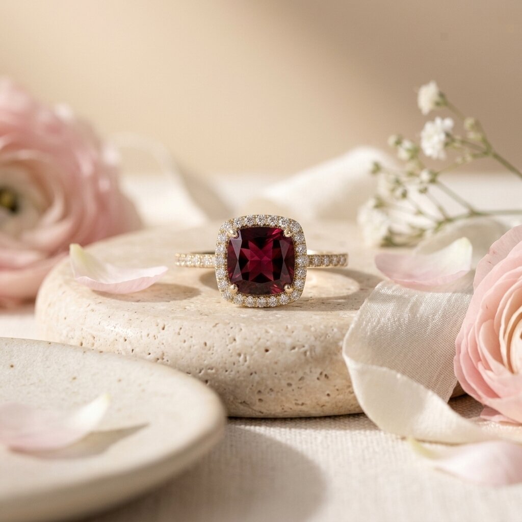 Red Garnet Halo Engagement Ring, Cushion Cut Garnet Ring, 14K Gold Moissanite Halo Ring, January Birthstone Gift The Jewel Temple