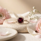 Red Garnet Halo Engagement Ring, Cushion Cut Garnet Ring, 14K Gold Moissanite Halo Ring, January Birthstone Gift The Jewel Temple