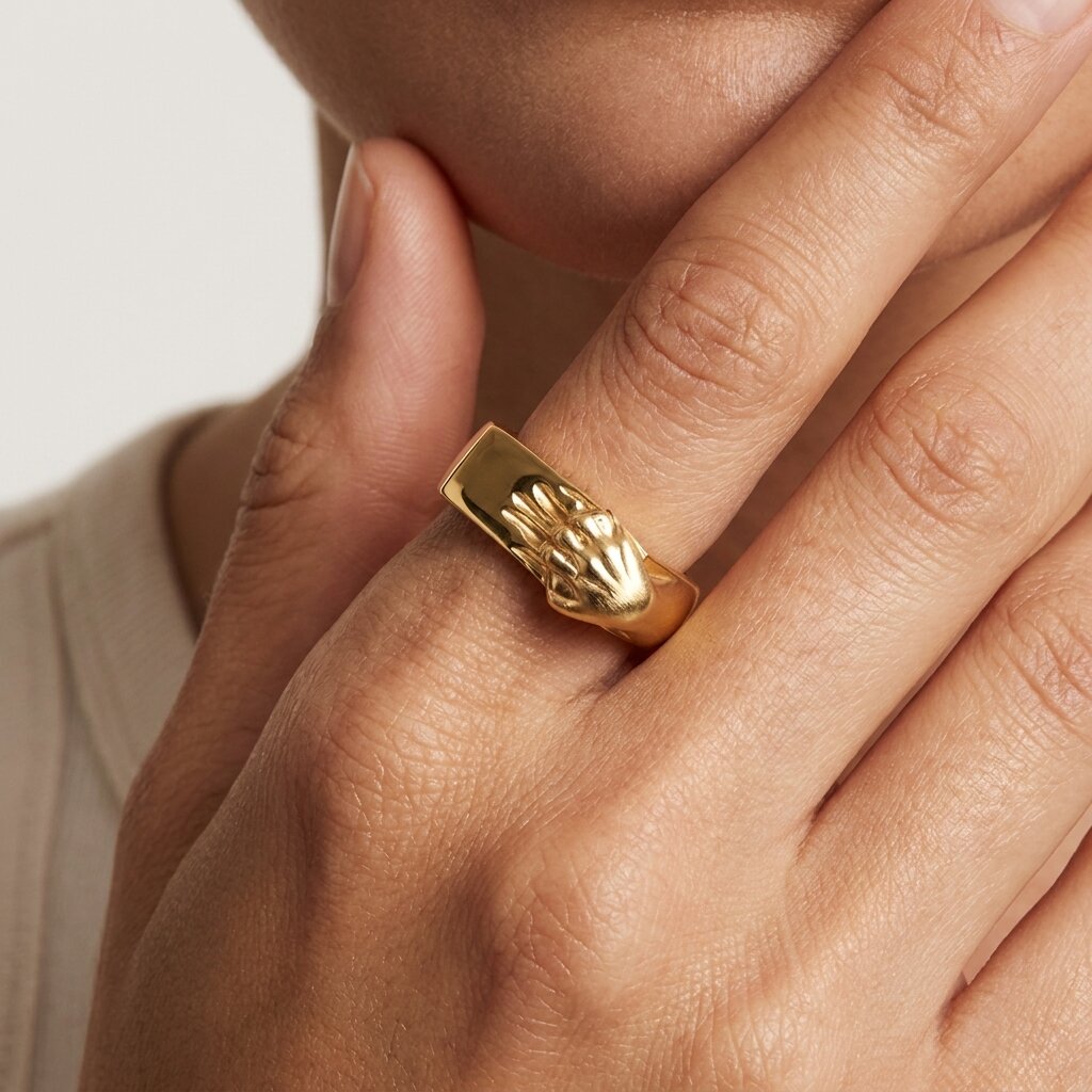 14k Gold Hand Signet Ring, Unique Fede Clasping Hands Wedding Band, Matte Gold Statement Ring, Antique Style Unisex Promise Jewelry for Her The Jewel Temple