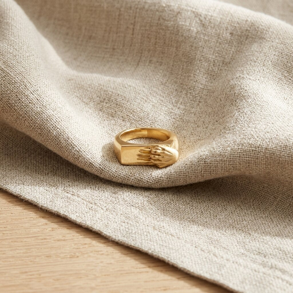 14k Gold Hand Signet Ring, Unique Fede Clasping Hands Wedding Band, Matte Gold Statement Ring, Antique Style Unisex Promise Jewelry for Her The Jewel Temple