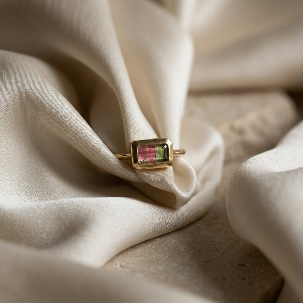 14k Gold Bi-Color Watermelon Tourmaline Emerald Cut Ring, Bezel Set Band