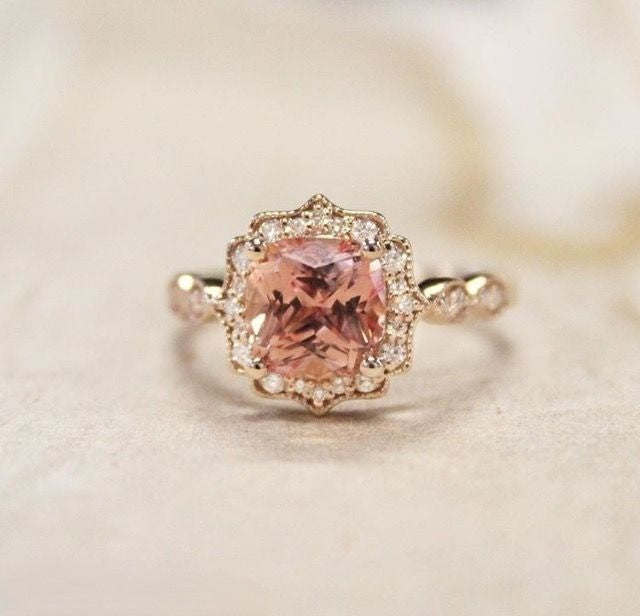14k Rose Gold Cushion Cut Morganite Halo Ring, Art Deco Peach Wedding Band