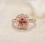 14k Rose Gold Cushion Cut Morganite Halo Ring, Art Deco Peach Wedding Band