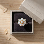 14k Gold Pear Cut Opal Flower Engagement Ring, Moissanite Cluster Birthstone Jewelry