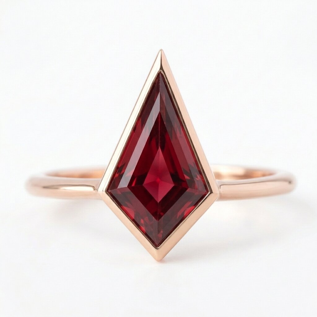 Kite Cut Garmet Engagement Ring, Bezel Set, 14k Rose Gold Solitaire Ring