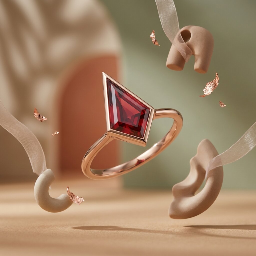 Kite Cut Garmet Engagement Ring, Bezel Set, 14k Rose Gold Solitaire Ring
