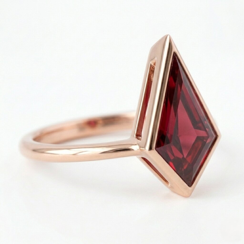 Kite Cut Garmet Engagement Ring, Bezel Set, 14k Rose Gold Solitaire Ring