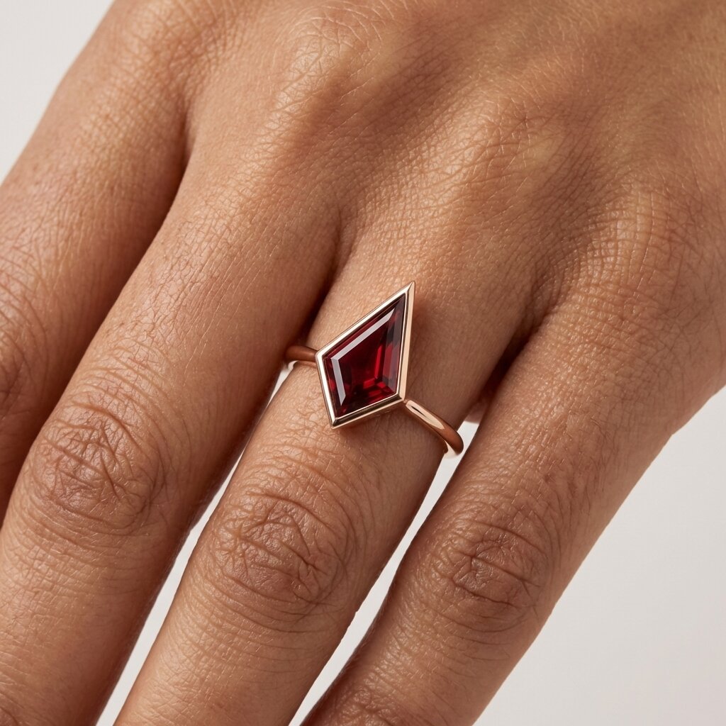 Kite Cut Garmet Engagement Ring, Bezel Set, 14k Rose Gold Solitaire Ring