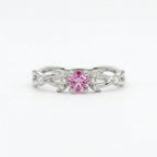 Lab Grown Pink Sapphire Crescent Moon Ring, Moissanite Accents, Leaf Design, Promise Ring
