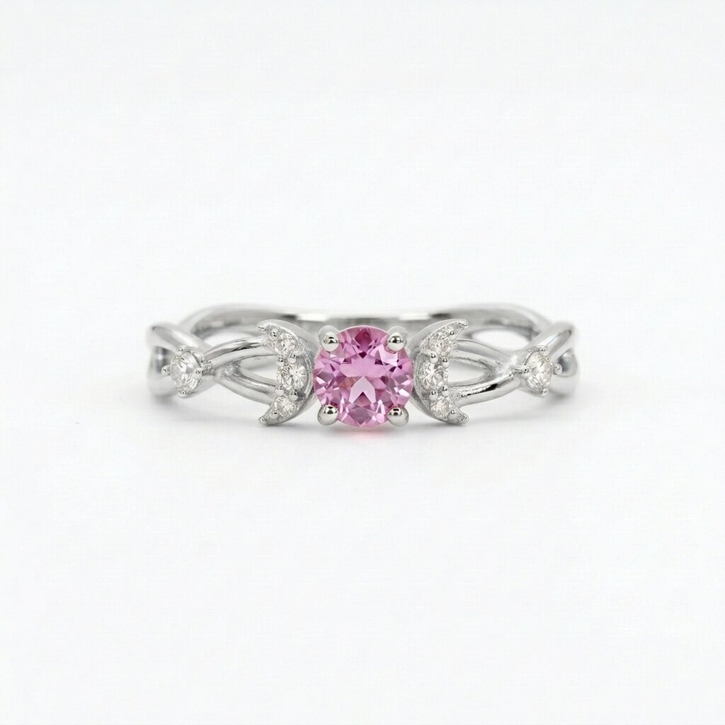 Lab Grown Pink Sapphire Crescent Moon Ring, Moissanite Accents, Leaf Design, Promise Ring
