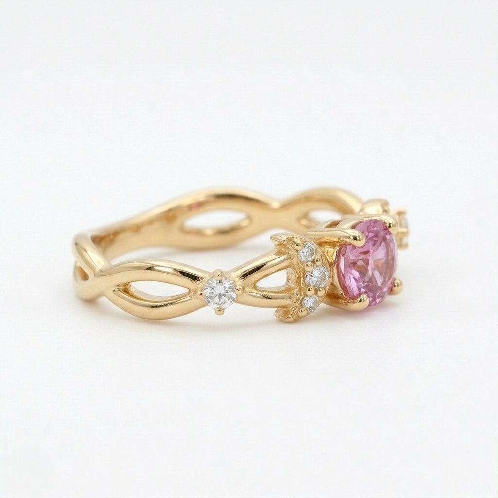 Lab Grown Pink Sapphire Crescent Moon Ring, Moissanite Accents, Leaf Design, Promise Ring