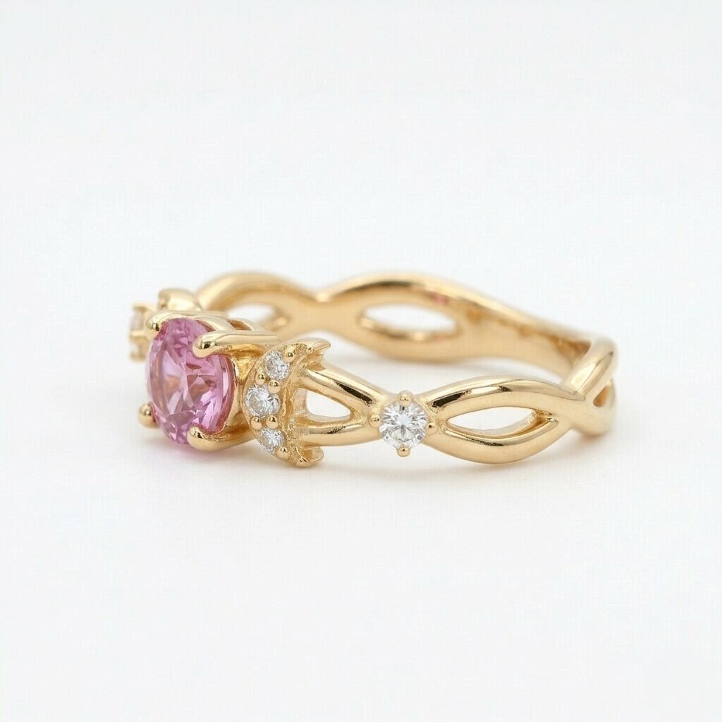Lab Grown Pink Sapphire Crescent Moon Ring, Moissanite Accents, Leaf Design, Promise Ring